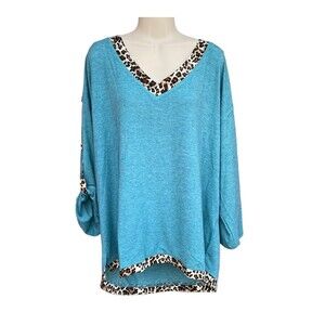 Kori Plus Size XL Blue Green animal print trim roll tab long sleeve Top Blouse